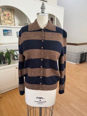 Zara Striped Button-Up Cardigan in Navy & Brown worn once